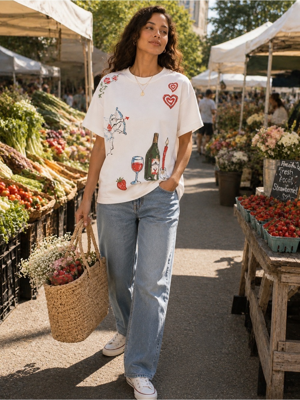 Anthropologie Valentine Boxy Graphic Tee White Cupid Hearts Size Small